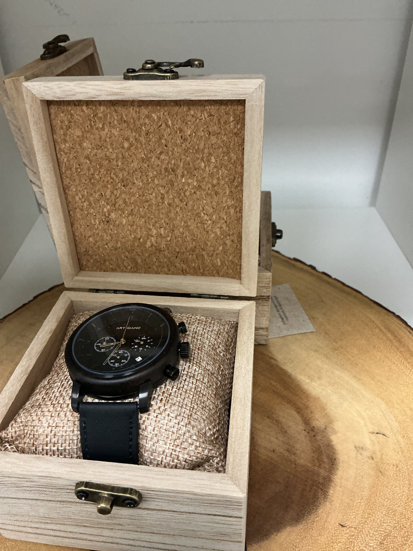 44mm Wooden Watch w/ Apple Leather Strap (Black)