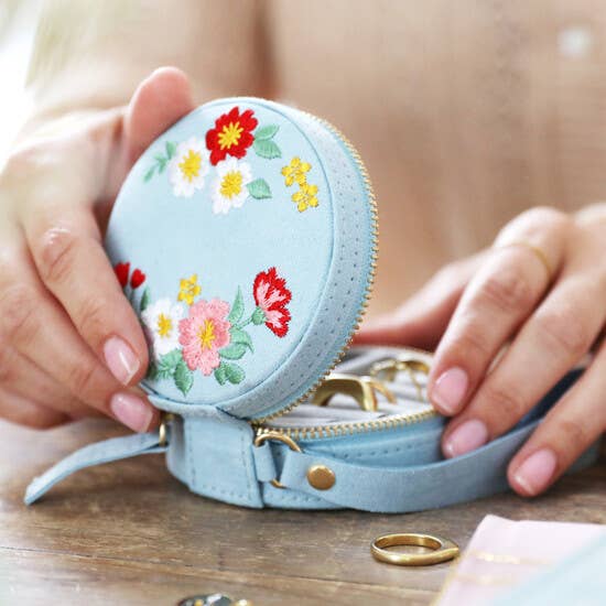 Embroidered Flowers Mini Round Jewelry Case